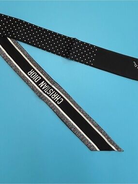 Christian Dior Polka Dot Mitzah Silk Scarf Black White Logo Ribbon